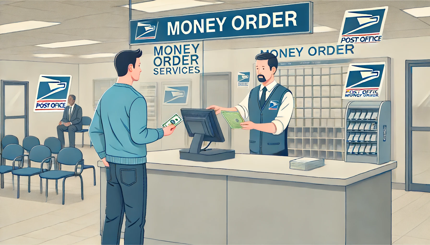 Person buying a money order at a post office counter with a clerk processing it